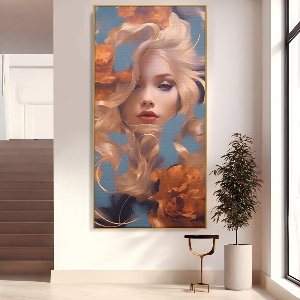 Tablou canvas cu portret de femeie cu flori portocalii, in rama de aluminiu auriu